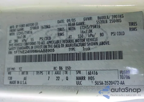 2006 Ford E-250 Commercial/Recreational из США, поврежденный, VIN 1FTNE24W66HA88905